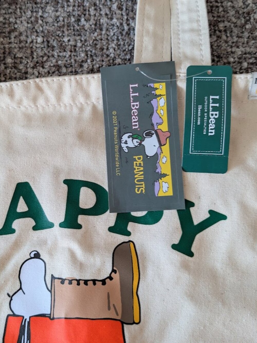 NEW!!L.L. BEAN x Peanuts Snoopy “HAPPY CAMPER” Canvas Tote Bag - Picture 2 of 7